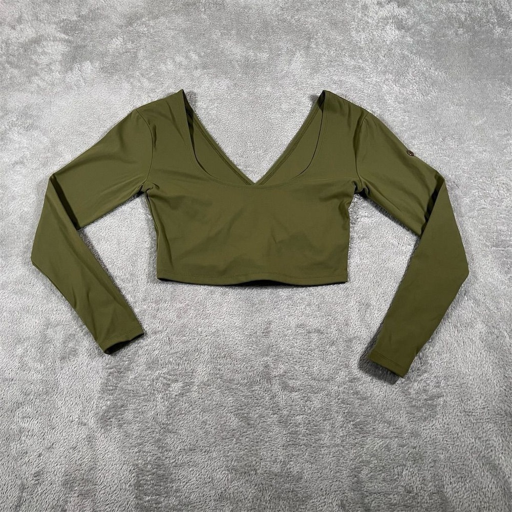 Love Fitness Hawaii Top Women's Small Olive Green V-Neck Crop Long Sleeve Active